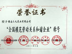 全國模范勞動關系和諧企業(證書)